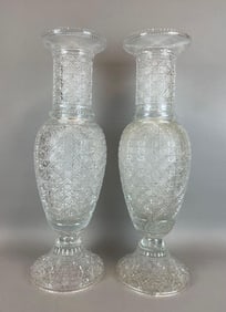 Group of 2 Antique Pasabahce Cut Glass Floor Vases