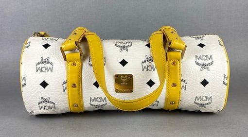 MCM Visetos Essential White/Yellow Barrel Bag/Purse