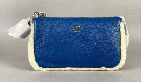Coach Blue Leather Shearling Wristlet Bag