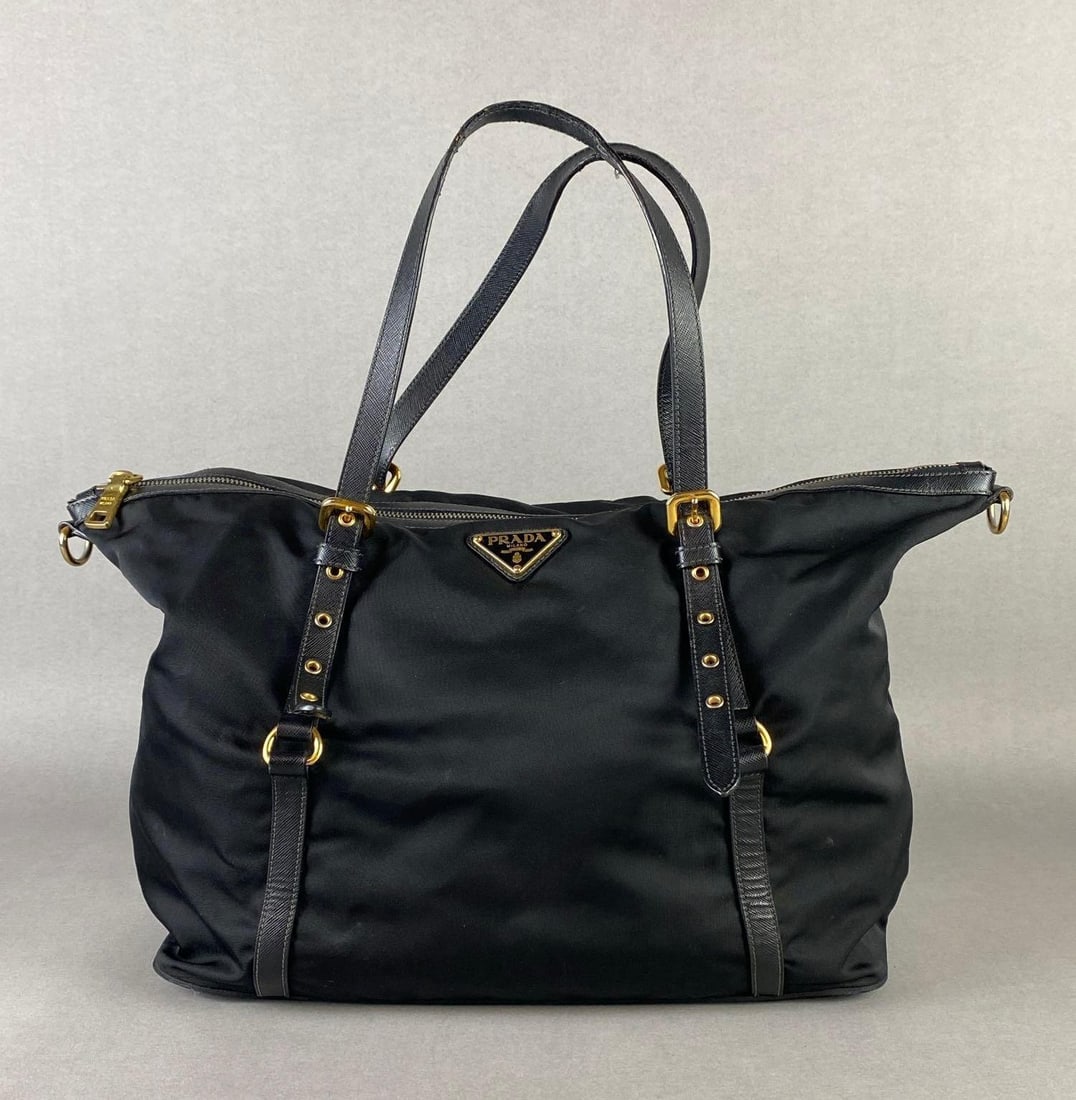 Prada Tessuto Nylon and Saffiano Leather Tote: Some loose threading on handles, Purse body measures 9 1/2 x 14 x 6 inches.