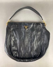 Prada Napa Stripes Black Leather Hobo Purse/Bag