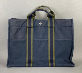 Hermes Fouree-Tout MM Navy Cotton Tote Bag