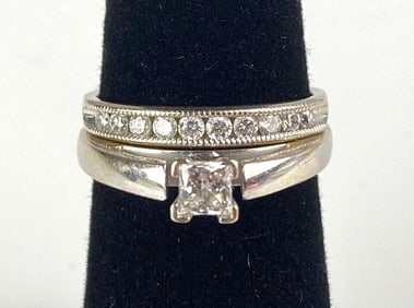14k / 18k White Gold Diamond Band and White Gold Princess Cut Diamond Bridal Set