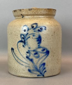 Antique Salt Glaze Cobalt Floral Motif Lidded Stoneware Crock