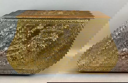 Antique Brass Relief Tavern Scene Coal Box