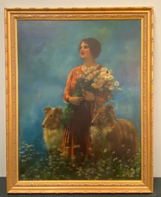 Adelaide Hiebel Signed Woman With Dogs Oil On Canvas Painting