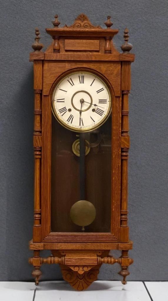 Antique Ansonia Clock Co Queen Elizabeth Oak Wall Clock: Worked in tests, Includes key, Measures 38 x 13 1/2 x 5 inches