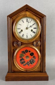 Antique Ingraham and Co. Reverse Painted Glass Wood Mantel Clock