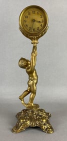 Antique Art Nouveau Cast Metal Figural Cherub Desk Clock