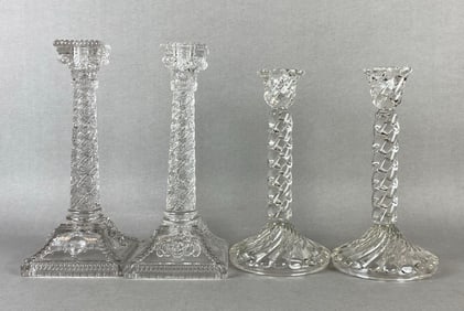Group of 2 Pairs of Art Deco Clear Glass Candlesticks