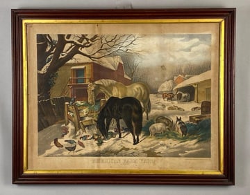E. Valois American Farm Yard Winter Lithograph