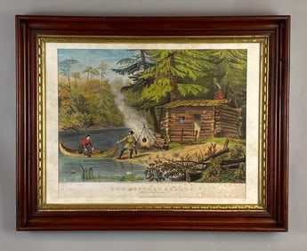 Currier and Ives The Hunters Shanty in the Adirondacks Lithograph