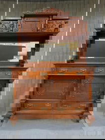Antique Carved Oak Sideboard with Mirror Backsplash