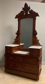 Antique Walnut Vanity / Dresser with Marble Tops