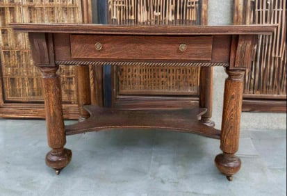 Antique Quarter-Sawn Oak Dinner Table with Drawer