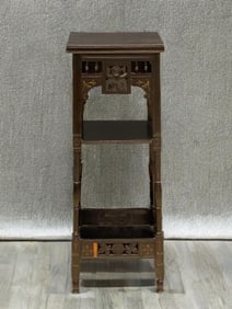 Antique Asian Floral Carved Wood 2 Tier Shelf