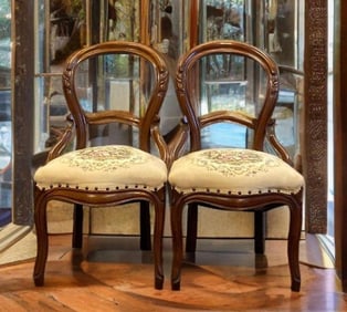 Set of 2 Antique Victorian Needlepoint Chairs