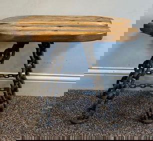 1800s Oak Plank Cast Iron Chain Stool