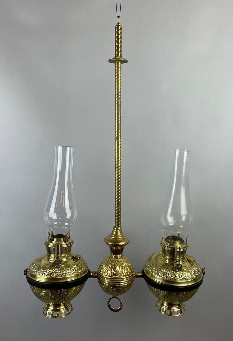 Antique B and H Brass Oil Lamp Chandelier: Measures 32 x 19 x 6 1/2 inches, 2 3/4 inch fitters