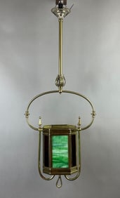 Antique Brass Gas Hanging Fixture with Slag Glass Shade