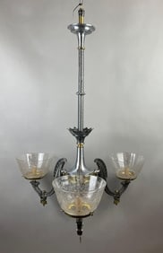 Antique 3 Arm Electrified Gas Chandelier with Etched Glass Shades