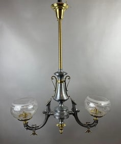 Antique 2 Arm Electrified Gas Chandelier with Etched Glass Shades