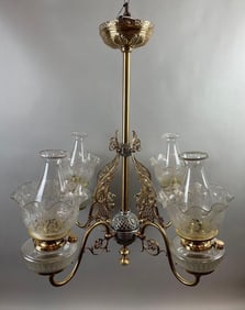 Antique Polychrome 4 Arm Oil Chandelier with Etched Glass Shades