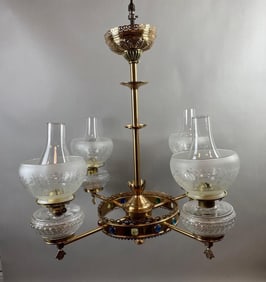 Antique Brass 4 Arm Oil Chandelier with Etched Glass Shades