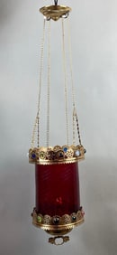 Antique Ruby Swirl Glass Jeweled Brass Hanging Oil Lamp Light Fixture