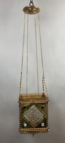 Antique Jeweled Brass Electrified Hanging Light with Textured Clear Glass Panels
