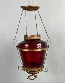 Antique Cranberry Swirl Glass Hanging Brass Light