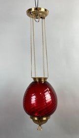 Antique Brass Cranberry Swirl Glass Hanging Light Fixture