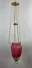 Antique Brass Cranberry Etched Figural Glass Hanging Light Fixture
