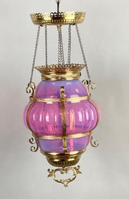 Antique Brass Opalescent Cranberry Glass Hanging Light Fixture