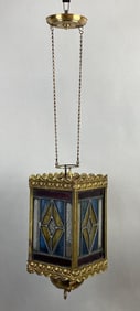 Antique Brass Stained Glass Hanging Oil/Kerosene Light Fixture