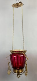Antique Brass Striped Cranberry Glass Hanging Electrified Light Fixture