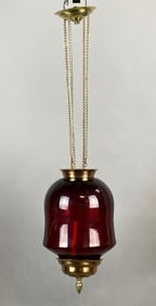 Antique Brass Cranberry Glass Hanging Light Fixture