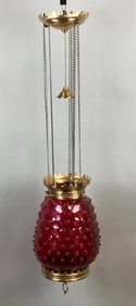 Antique Brass Cranberry Hobnail Glass Hanging Light Fixture