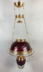 Antique Brass Cranberry Hobnail Glass Kerosene Hanging Chandelier