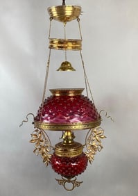 Antique Brass Cranberry Hobnail Glass Kerosene Hanging Chandelier