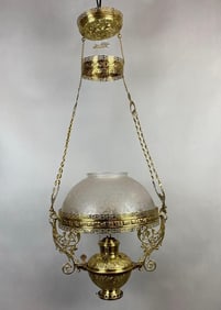 Antique Brass Frosted Etched Glass Kerosene Hanging Chandelier