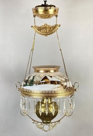 Antique Brass Painted Winter Cabin Scene Milk Glass Hanging Chandelier