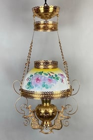Antique Brass Floral Painted Milk Glass Kerosene Hanging Chandelier