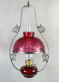Antique Cast Metal Cranberry Hobnail Glass Hanging Oil Lamp