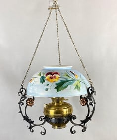 Antique Cast Metal Painted Floral Milk Glass Hanging Oil Lamp