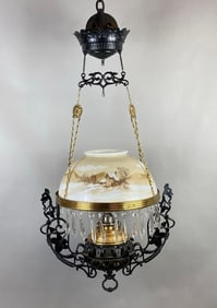 Antique Brass and Cast Metal Cabin in the Woods Painted Milk Glass Hanging Kerosene Lamp