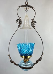 Antique Cast Metal Blue Hobnail Glass Hanging Oil Lamp