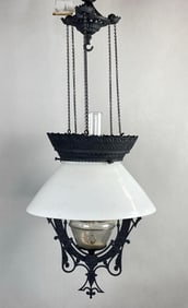 Antique Cast Iron Milk Glass Hanging Kerosene Horseshoe Lamp
