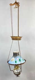 Antique Cast Iron Blue Painted Floral Milk Glass Hanging Kerosene Horseshoe Lamp