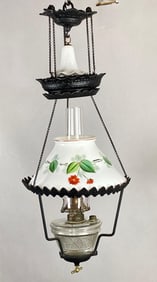Antique Cast Iron Painted Floral Milk Glass Hanging Kerosene Horseshoe Lamp